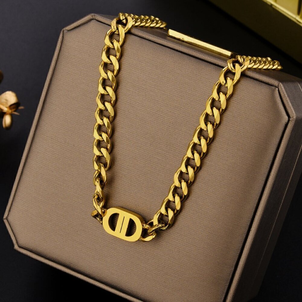 18K Gold Plated Titanium Steel Chunky Curb Link CD Style Chain Necklace